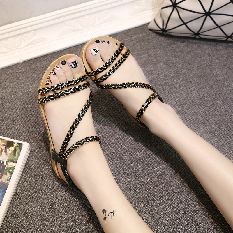 

Bigsweety Ankle Strap Sandals Fashion Flat Sandal Summer Weaving Beach Flat Shoes Female Sandal Low Heels zapatos de mujer
