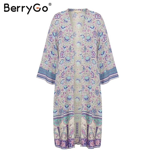 BerryGo Boho cover-ups floral print cover-ups women coat Summer spring long beach kimono cardigan Holiday female cotton blouse