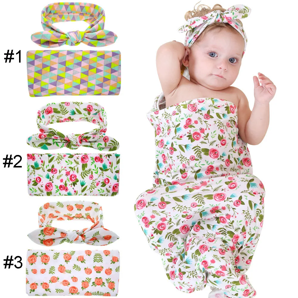 Newborn Infant Swaddle Blanket Headwrap Hospital Swaddled Set Floral