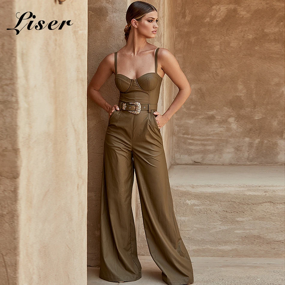 

Liser 2018 New Summer Women Jumpsuits Strapless Sashes PU Jumpuits Sexy Bodycon Elegant ClubParty Brown Black Jumpsuit Vestidos