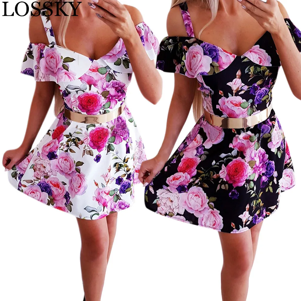 

Floral Print Women Spaghetti Strap Mini Summer Dress Sexy Cold Shoulder Slash Neck Elegant Party Tunic Dress Femme Robe Sundress