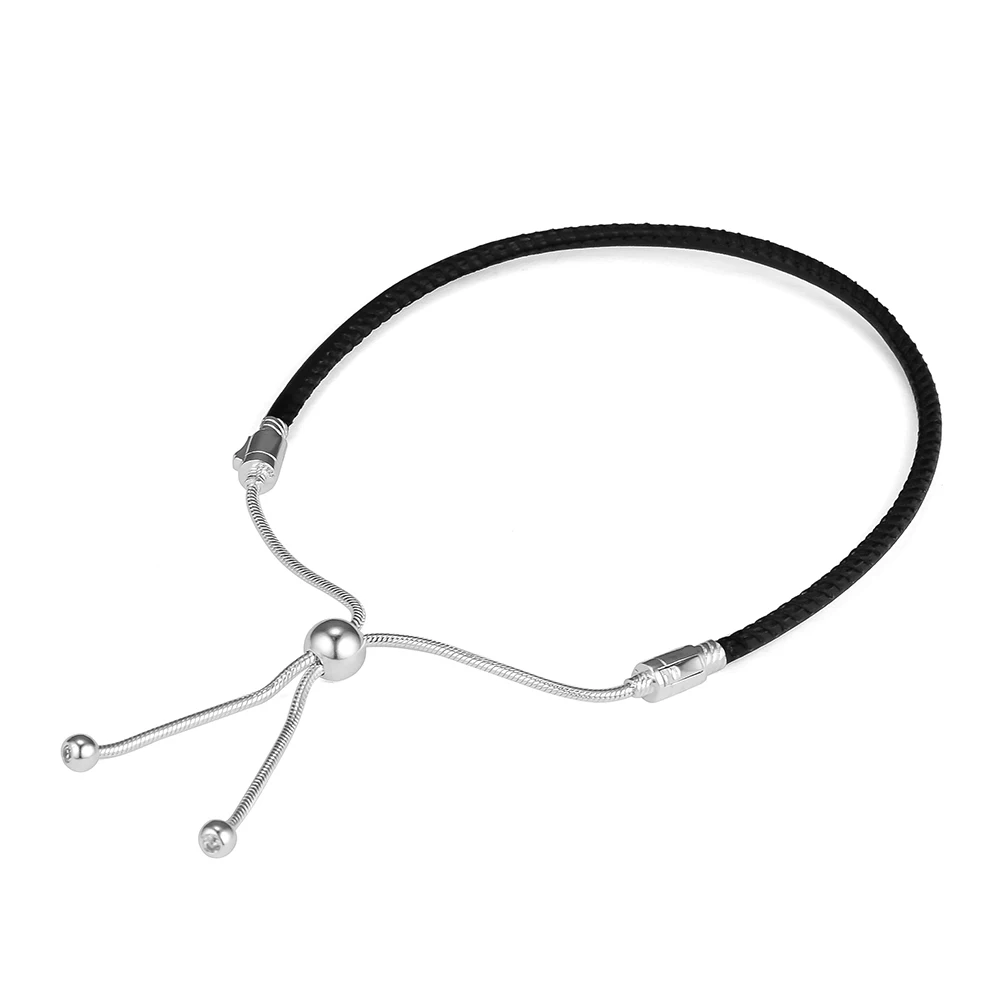 

Black Leather Bracelet 100% 925 Sterling Silver Clear CZ Sliding Bracelets for Women Gift Fit Charm Beads free shipping PE901