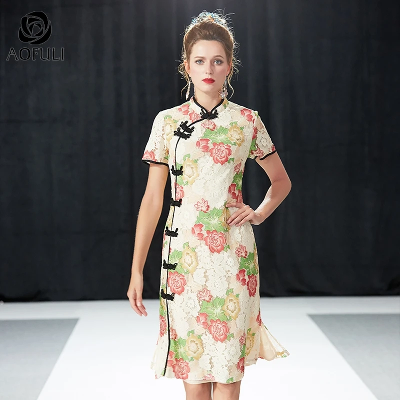 L/XL/2XL/3XL китайское традиционное цветочное кружевное платье Чонсам летнее с