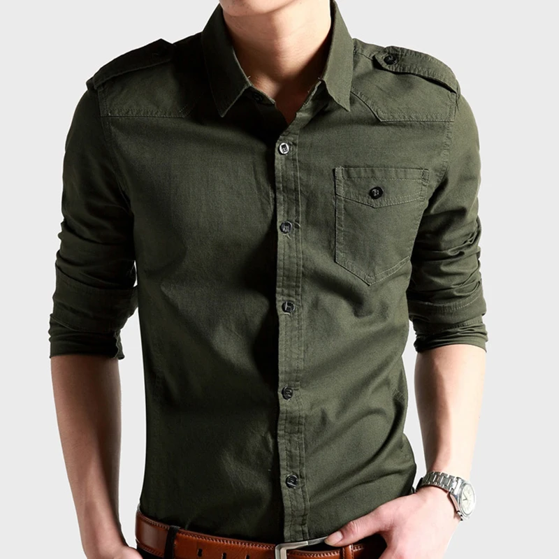 Military Style Mens Shirt Long Sleeve Shirts with Epaulets Cotton Army ...