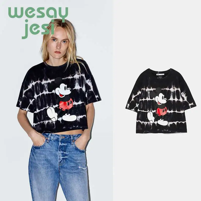 

2019 New Mickey Tie-dyed Black T Shirt Women Streetwear Short Loose Cartoon O Neck Short Sleeve Female Casual Tees Top