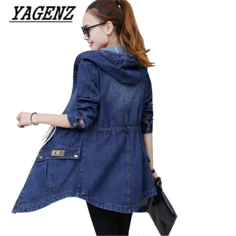 remarkable 2019 New Spring/Autumn Women's Jeans Jacket Slim Long Sleeve Hooded Denim Outerwear Single Breasted