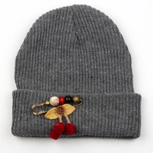 Зимние женские теплые шапки Винтажные бусины Мультяшные значки вязаные шапочки шляпки шляпы детские регулируемый головной убор шапка черепки Gorros