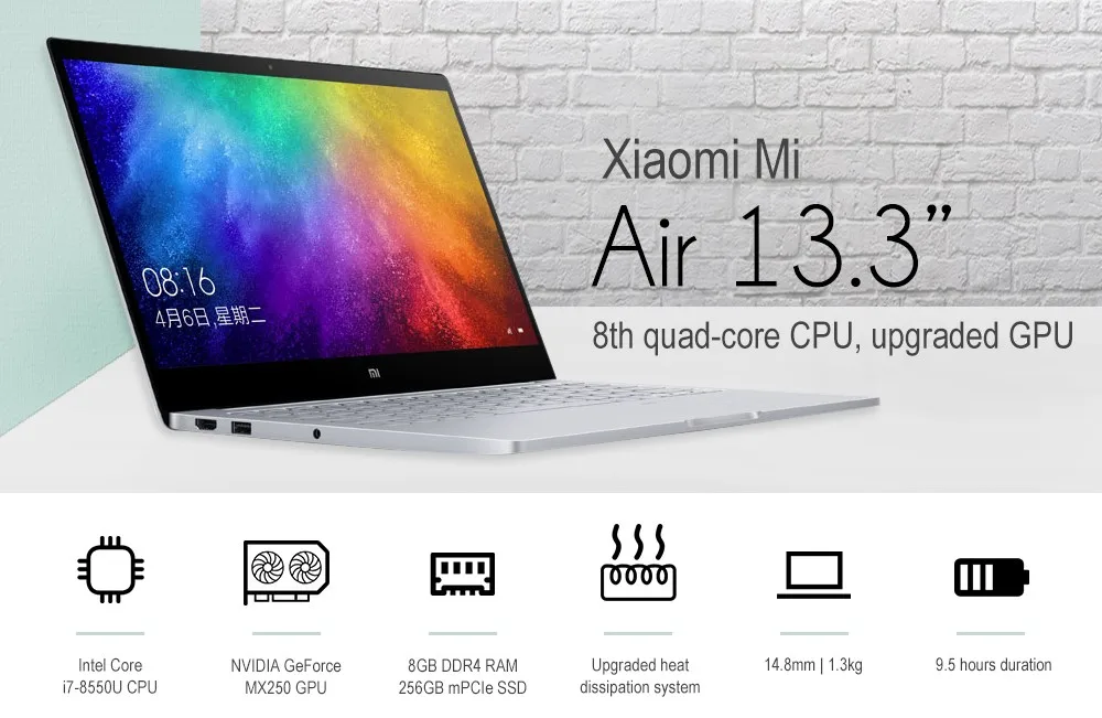 Ноутбук Xiaomi Mi Air 13,3 '', ОС Windows 10, Intel Core I7-8550U, 8 Гб ОЗУ, 256 Гб SSD, датчик отпечатков пальцев, камера МП