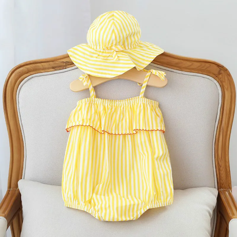 

2019 NEW Baby Girls Clothes Summer Sunsuit Striped Print Princess Rompers+Sun Hat Brief Set Infant Outfit Girls Jumpsuit Clothes