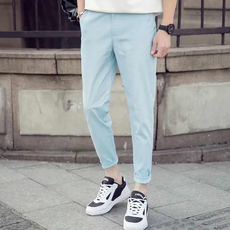 Осенне-весенние мужские повседневные брюки-брюки в стиле хип-хоп из хлопка, брюки высокого качества, облегающие Простые Спортивные штаны, эластичные манжеты - Цвет: Небесно-голубой