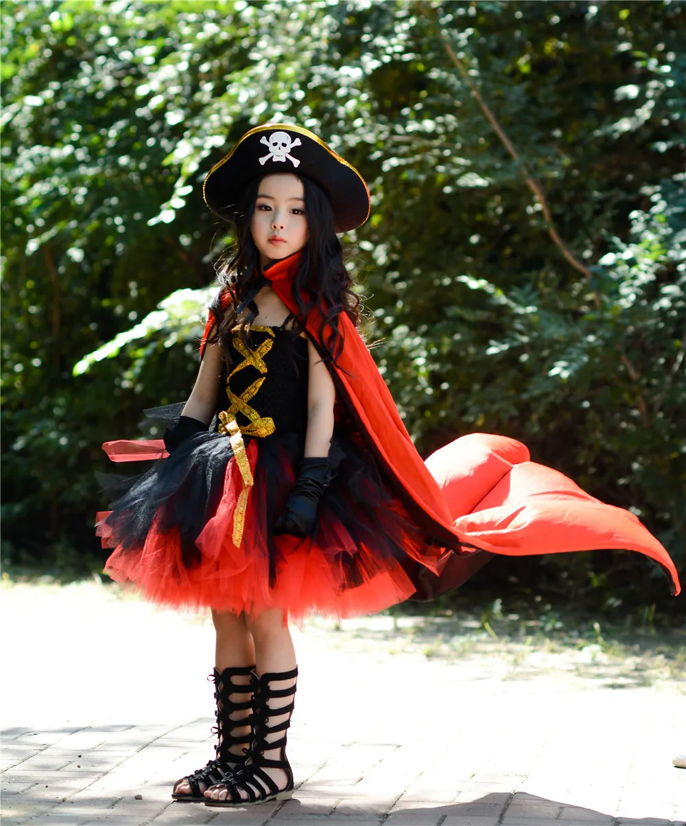 Halloween Pirates Kids Girls Costume With Hat Pirates Tutu Dressed Up Black Toddler Girls Cosplay Clothes