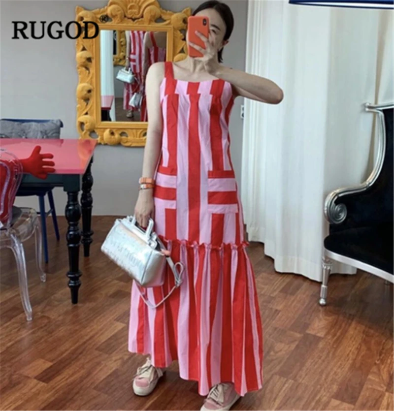 

RUGOD 2019 New Arrival Women Striped Stiching Dress Spaghetti Strap Sleeveless Loose Pocket Vestidos Multi-matched Stylish Dress