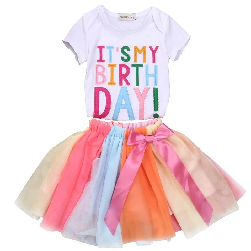 2016 модная одежда для маленьких девочек одежда футболка с коротким рукавом топы + цветная юбка комплект из 2 предметов подарок на Хэллоуин 1-7