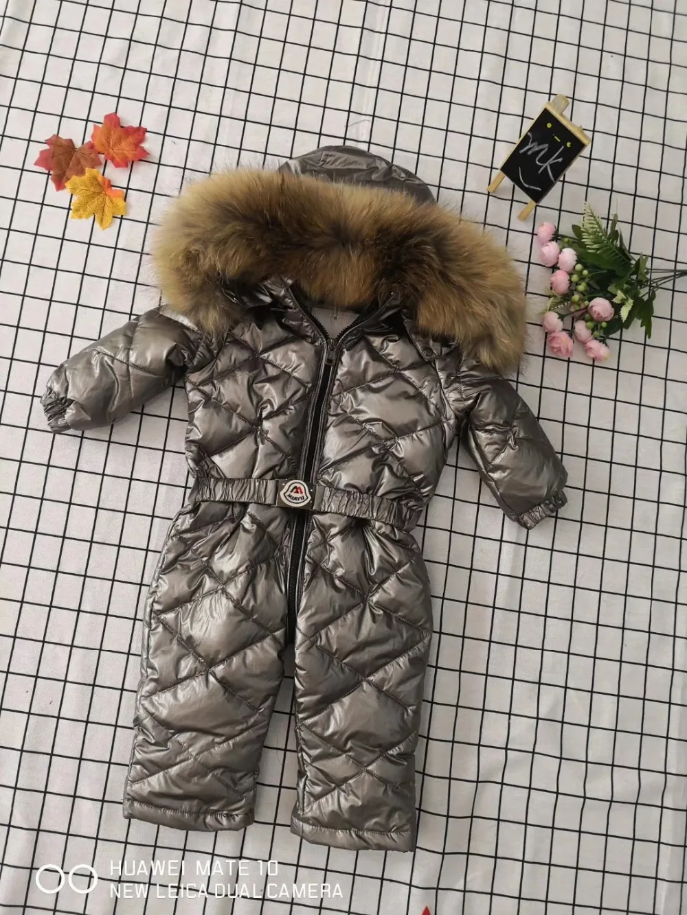 70cm-150cm Real fur hooded baby outergoing Winter children jumpsuit snow suit girl down boy Baby coveralls ski suit