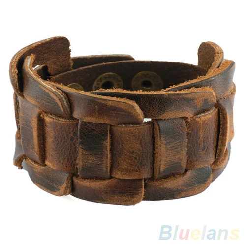 Men Retro Weave Genuine Leather Belt Wristband Bangle Snaps Fastener