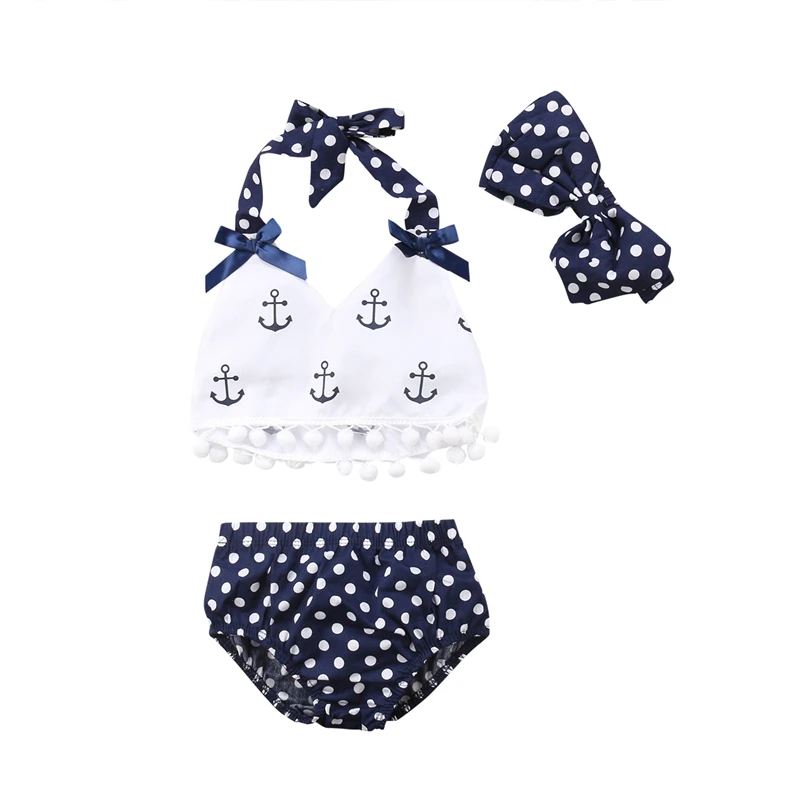 

Hot Sale 3pcs Baby Girl Clothes Set Baby Anchor Tops+Polka Dots Briefs Head Band Summer Outfits Set Sunsuit Baby Costume