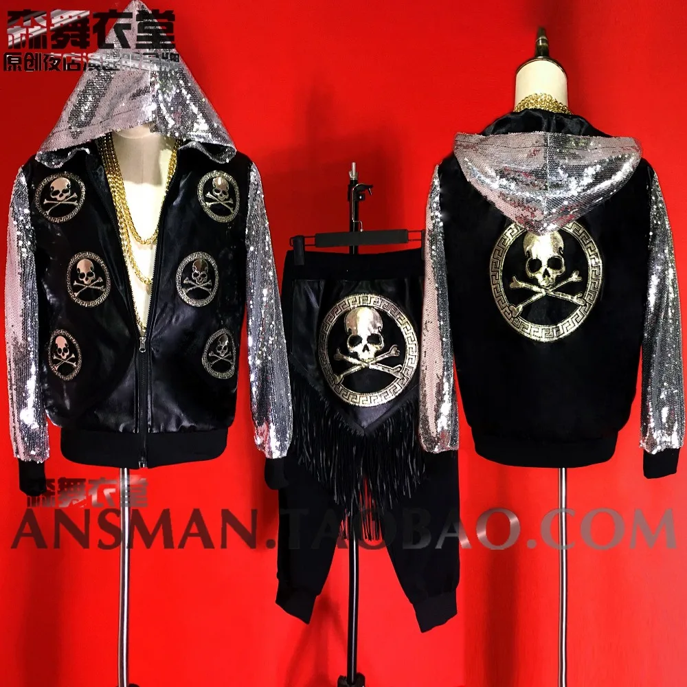 

S-5XL 2018 Nightclub Men's singer clothing DG DJ custom made skull black and silver sequins leather jacket shorts suits costumes
