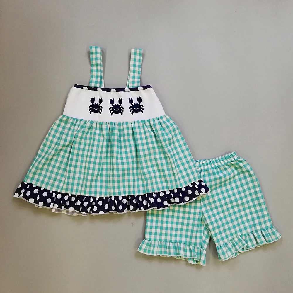 

Summer Girl Outfits Baby Girl Clothes Embroidered Crab Polka Dot Lace Top Plaid Set Pants toddler girl clothes 2GK903-1173