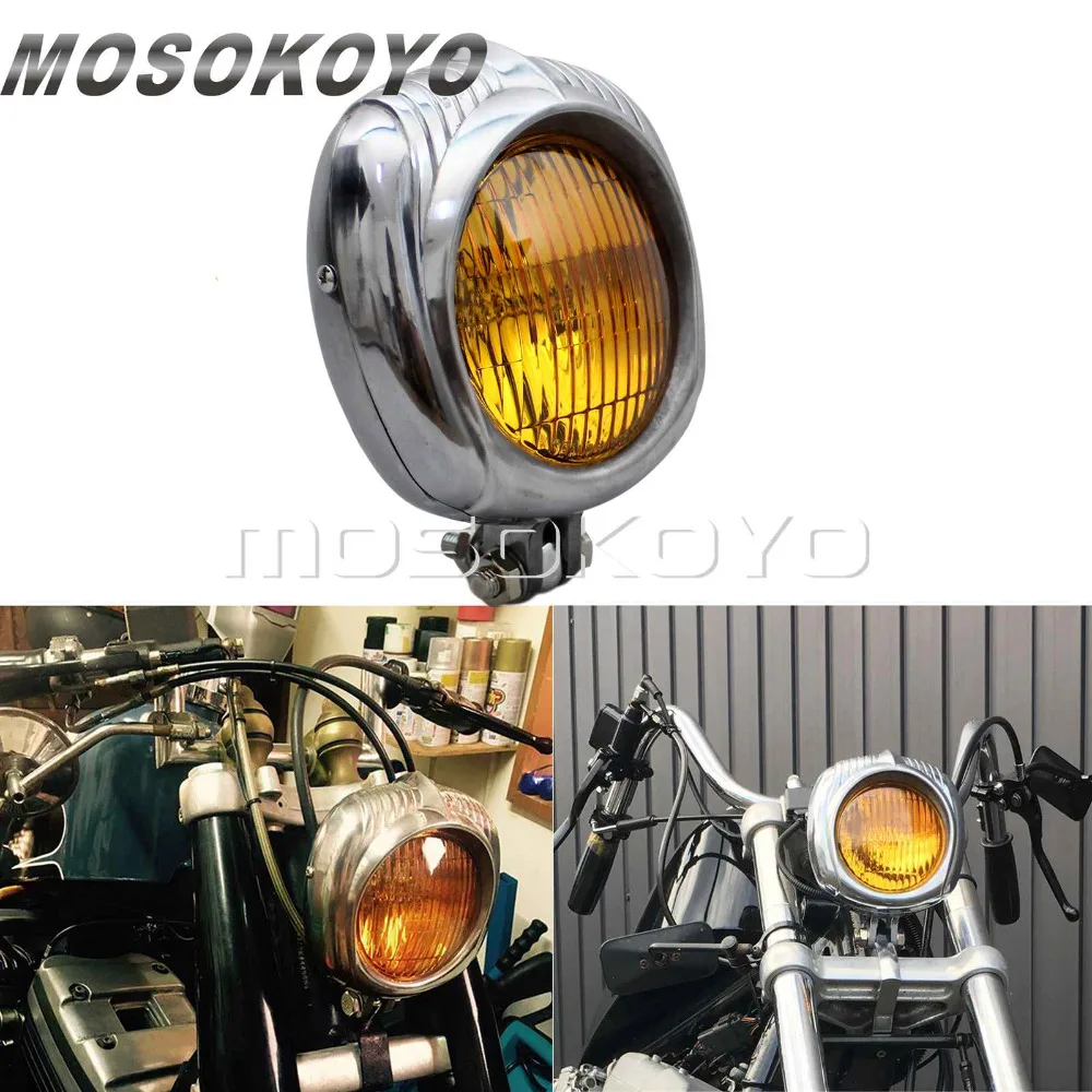 4" Yellow Polished Headlight Motorcycle For Harley Chopper Suzuki Fit
