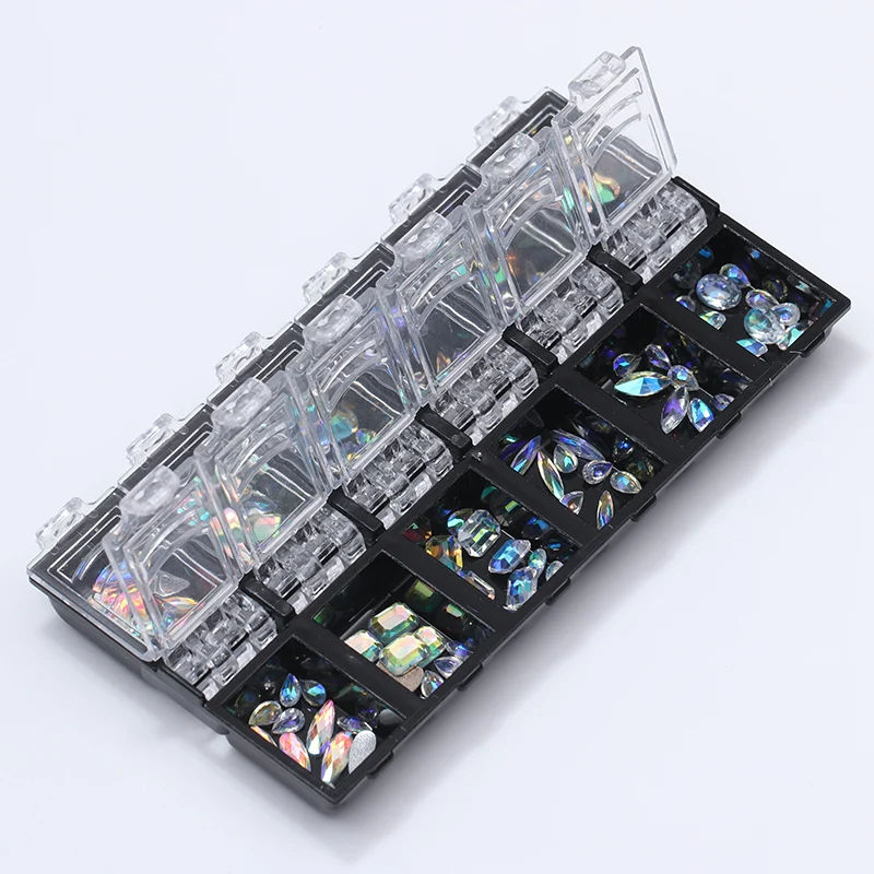 

12 Box/Set 3D Nail Art Colorful Clear Crystal Mixed Size Lady Nails Tips Decals Decoration With Storage Box Container