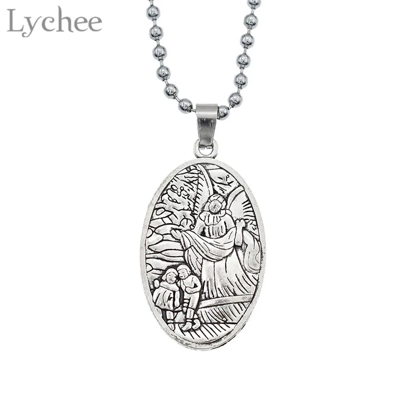 

Lychee Religious Alloy St Michael Archangel Long Necklace Oval Pendant Beads Chain Silver Color Necklace for Men Women