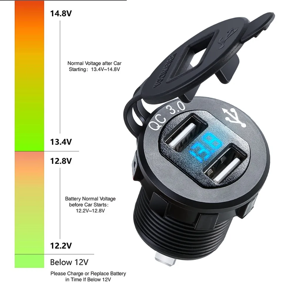 Алюминиевый двойной USB зарядное устройство розетка с цифровым вольтметром QC 3,0 USB порт светодиодный измеритель напряжения для автомобиля мотоцикла