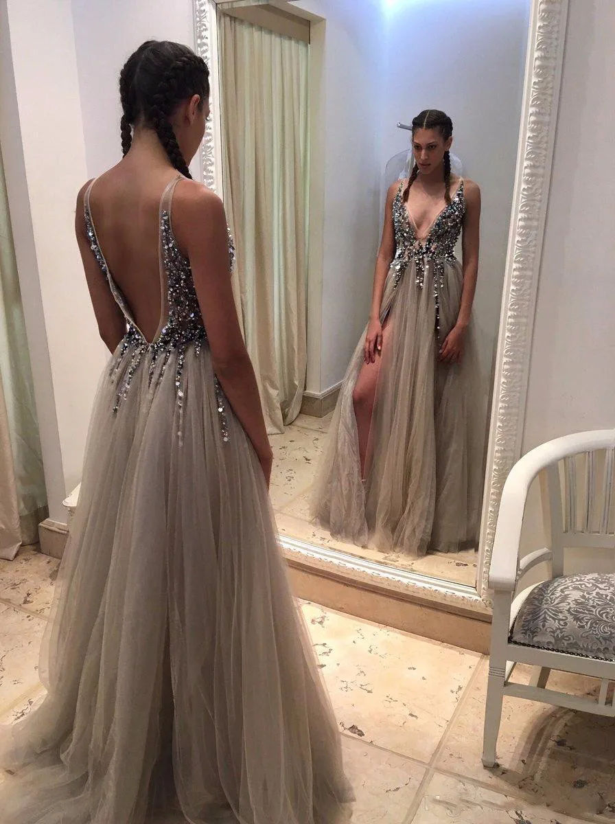 Grigio argento Berta Abiti Da Sera 2017 Profondo Scollo A V Serbatoio  Sequins In Rilievo di Tulle Split Backless Lungo Prom Dress|evening  dress|dress evening dressesevening dresses dresses - AliExpress