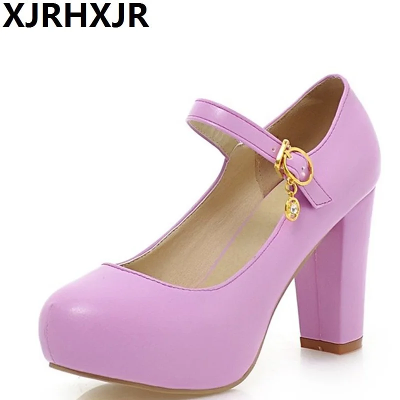 

XJRHXJR Rome Pumps Woman Fashion Square Heel Mary Janes Single Shoes Ladies Platform High Heels Candy Color Large Size 32-43