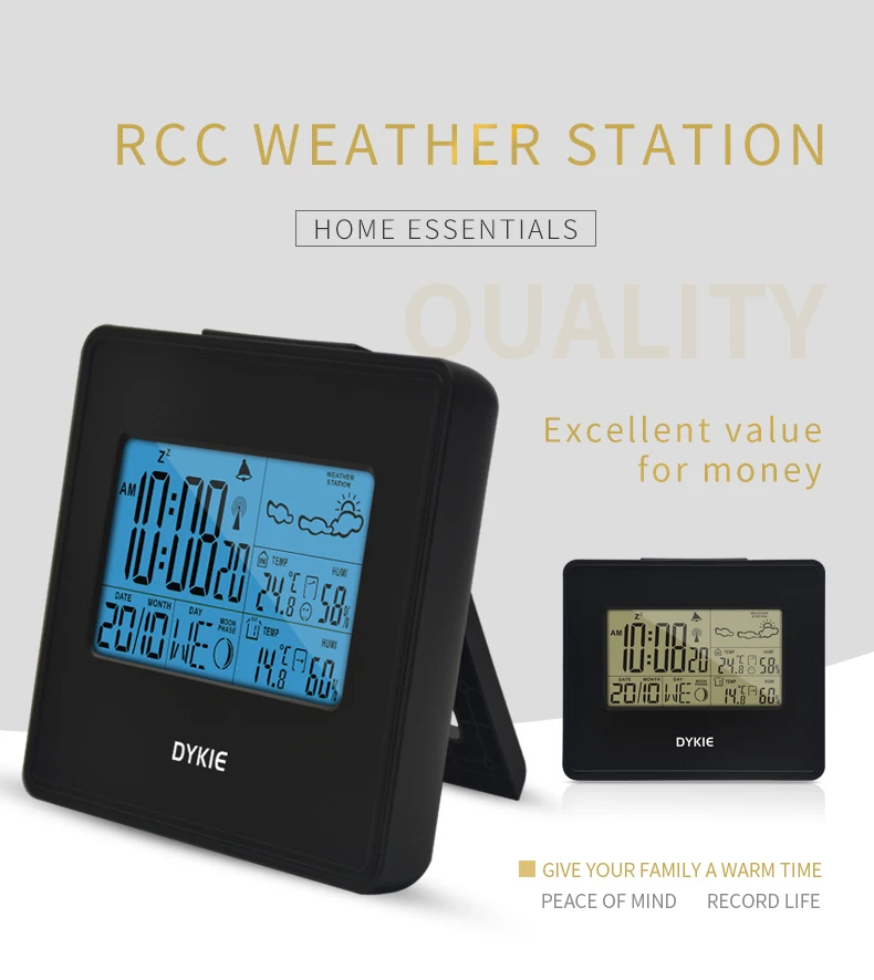 DYKIE RF RCC Беспроводная метеостанция цифровой Погодный протектор мультфифункциональные часы влажность подсветка 2 передатчика