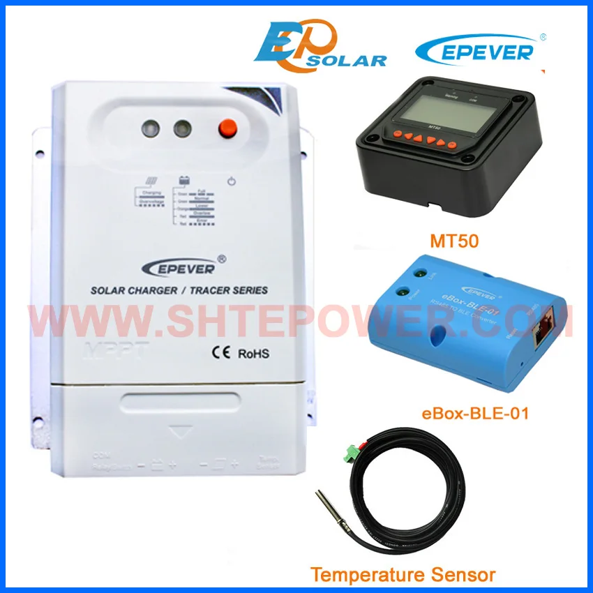 temperature sensor and eBOX-BLE-01 for mppt 20A regulator solar panel system use Tracer2210CN+MT50 remote meter two color choices mt50 solar regulator 20a mppt tracer2210a with ble and sensor for 12v 24v auto work