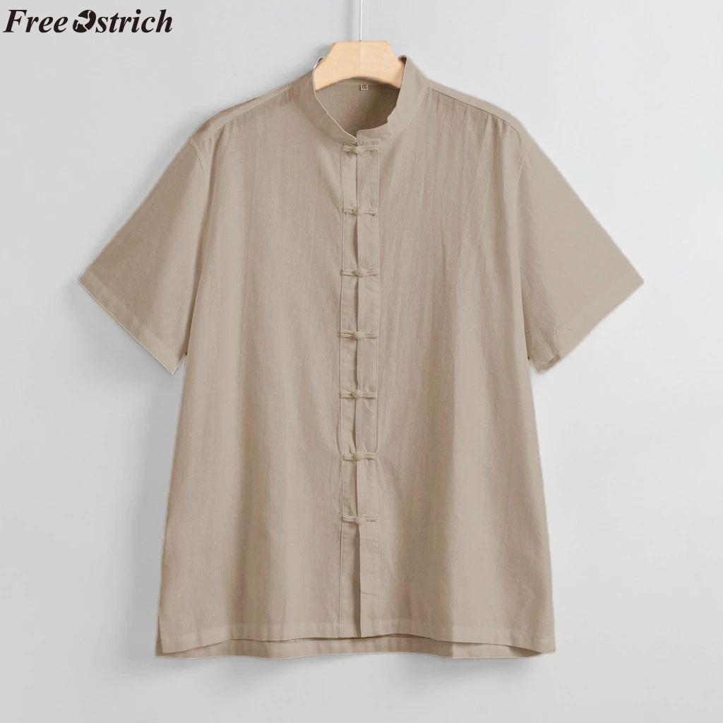 Страусиная мужская хлопковая Повседневная рубашка с коротким рукавом, одноцветная рубашка в китайском стиле с воротником-стойкой и карманом, тонкая Модная рубашка высшего размера плюс