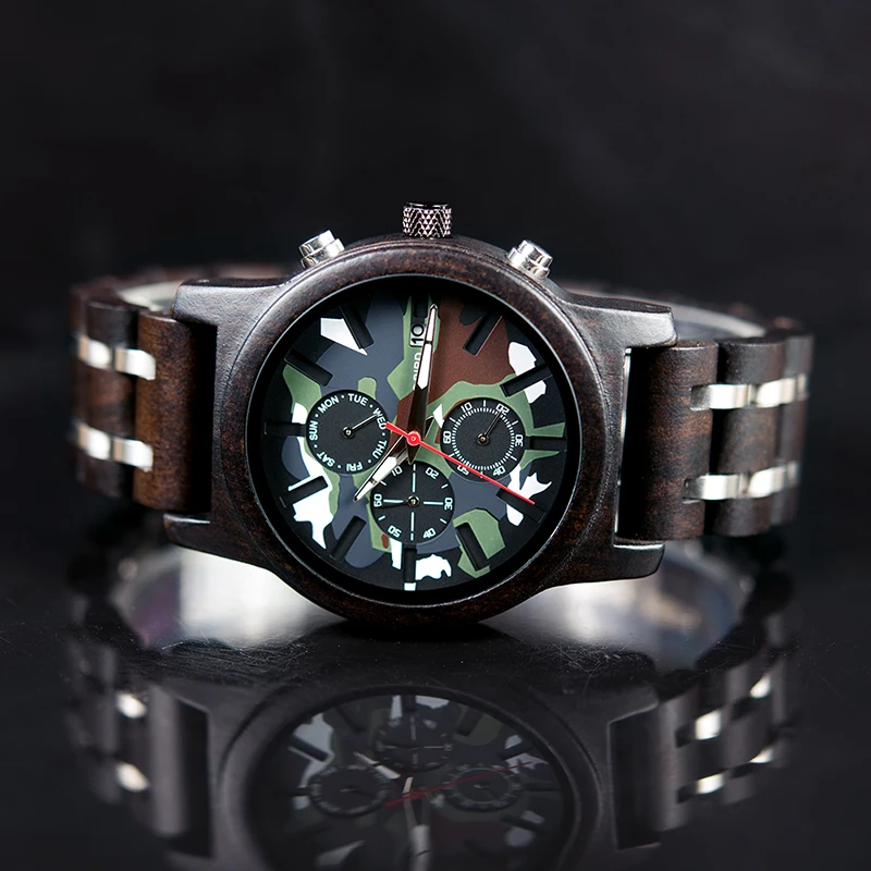 BOBO BIRD Chronograph Watch Military Men Army Green Wooden Watches Luxury Stainless Steel Strap Week Display