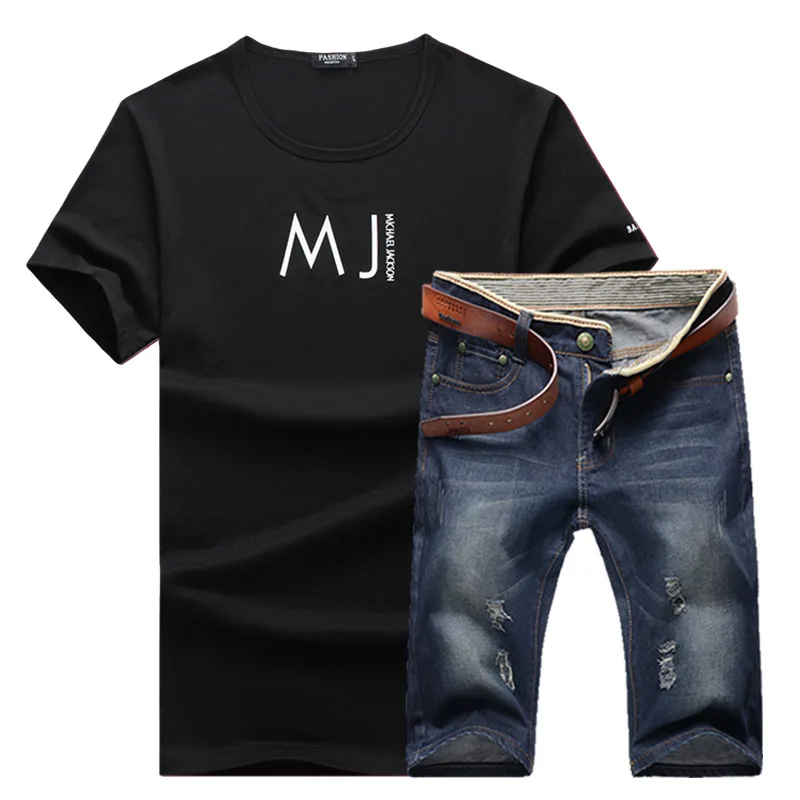 

2019 Summer set Mens Short Sleeve tshirt+Jeans Shorts Suit Male 2PC Letter Print Top Denim Shorts Set Fitness Sportsuits Set