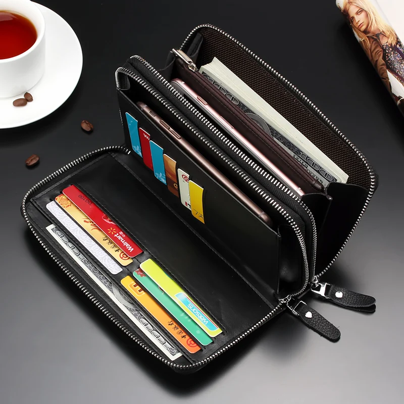 New Genuine Leather Multifunctional Long Wallet Cow Leather Zipper Money Clip Men's Simple Design Business Clutch Cellphone bag 5
