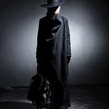 Мужская ветровка в стиле Харадзюку темно-черного цвета, Мужская ветровка с большим отворотом, Мужская шерстяная куртка, длинная куртка