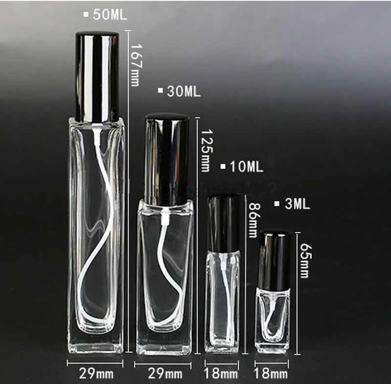 

300pcs/lot 3ml 10ml 30ml 50ml Clear Square Portable Travel Perfume Spray Bottle Atomizer Empty Refillable Glass Bottles