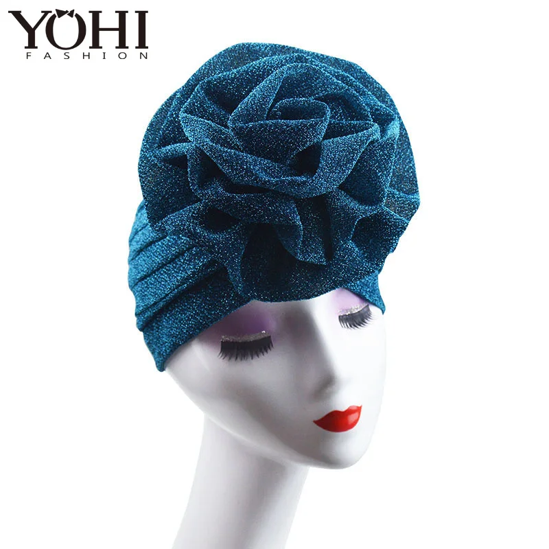 New luxurious Muslim headgear with bright silk and large flowery India hat Women turban scarf Head wrap Turbante