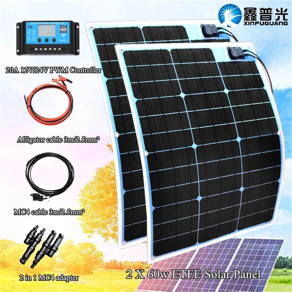 

2 x 60w ETFE Flexible Solar Panel Module with 12v/24v Controller for Car RV Boat Marine Home 12V Solar Power Charger battery