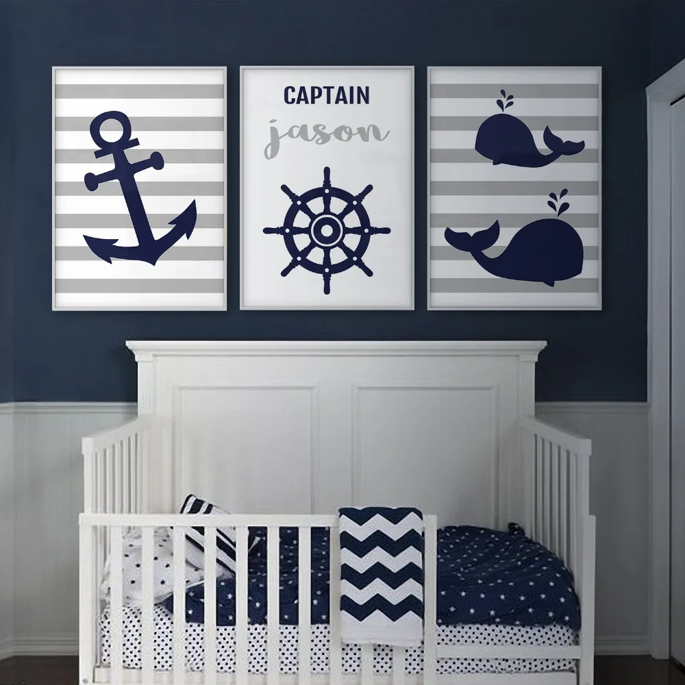 4 Prints Nautical Whale Seaside Personalised Nursery Boy Baby Wall Art Pictures 