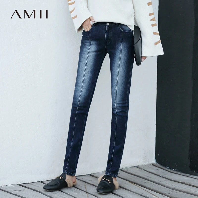 

Amii Minimalist Chic Denim Jeans 2018 Winter New Chic Office Lady Blue Bleach Wash Whitewashed Skinny Jeans
