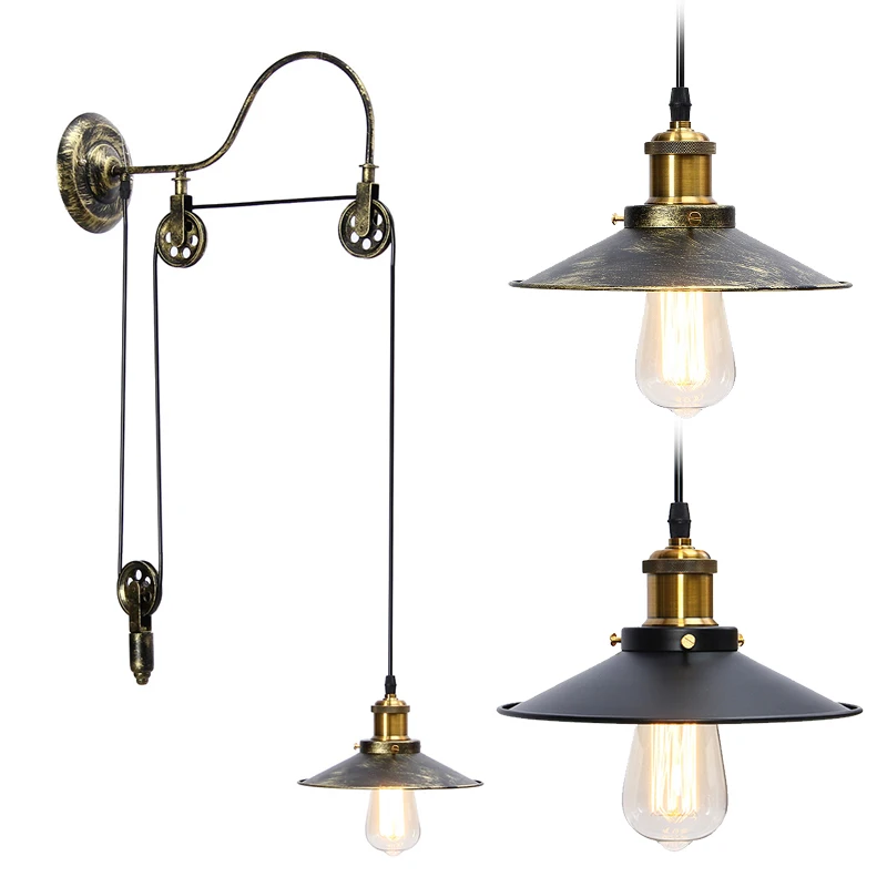 ФОТО 40W E27 Pulley Retractable Retro Vintage Pendant Lights Black/Bronze Industrial Loft Hanging Pendant Lamp Cord 110V/220V