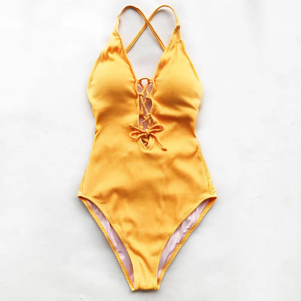 CUPSHE Solid Deep V neck One-piece Swimsuit For Women Backless Lace Up Sexy Bodysuits 2023 New Beach Bathing Suit Swimwear