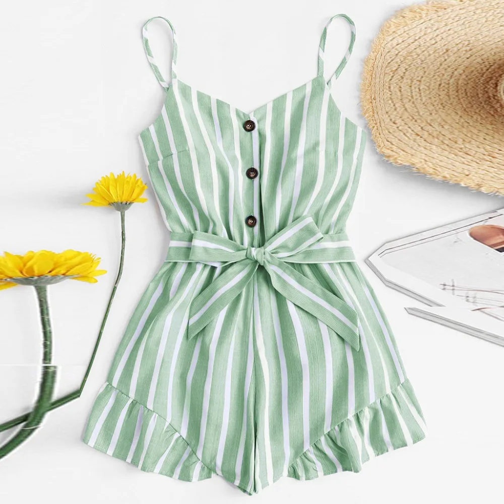 

Women's jumpsuit 2019 Summer Striped jumpsuit Combinaison lace Button Fashion Sleeveless Ladies Self Tie Waist Striped Print F4