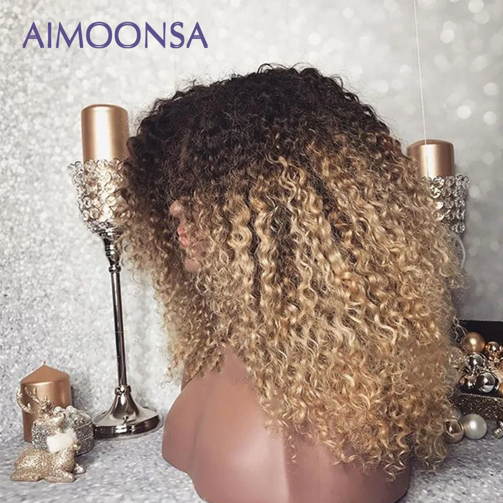 Монгольский афро кудрявый парик 13x6 Омбре человеческие волосы 250 плотность цветные парики на кружеве натуральные волосы Remy Aimoonsa