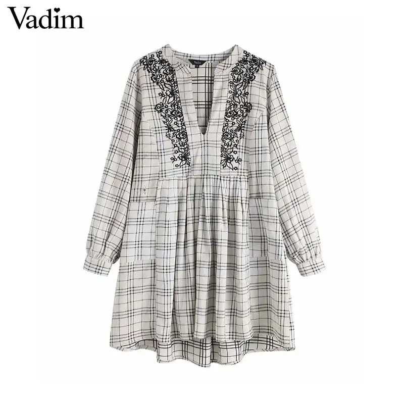 

Vadim women plaid embroidery mini dress V neck long sleeve pockets pleated female casual dresses chic vintage vestidos QB201
