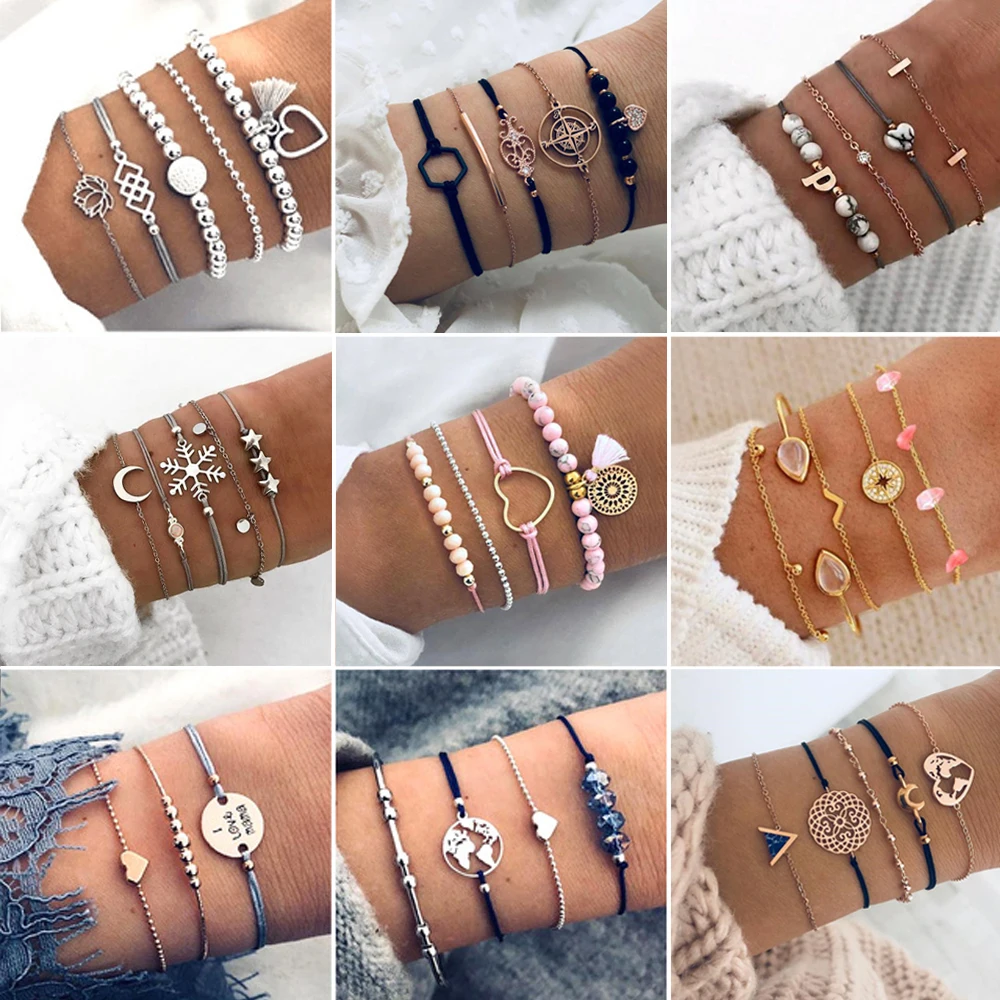 

30 Style Boho Bangle Elephant Heart Shell Star Moon Bow Map Crystal Bead Bracelet Women Charm Party Wedding Jewelry Accessories