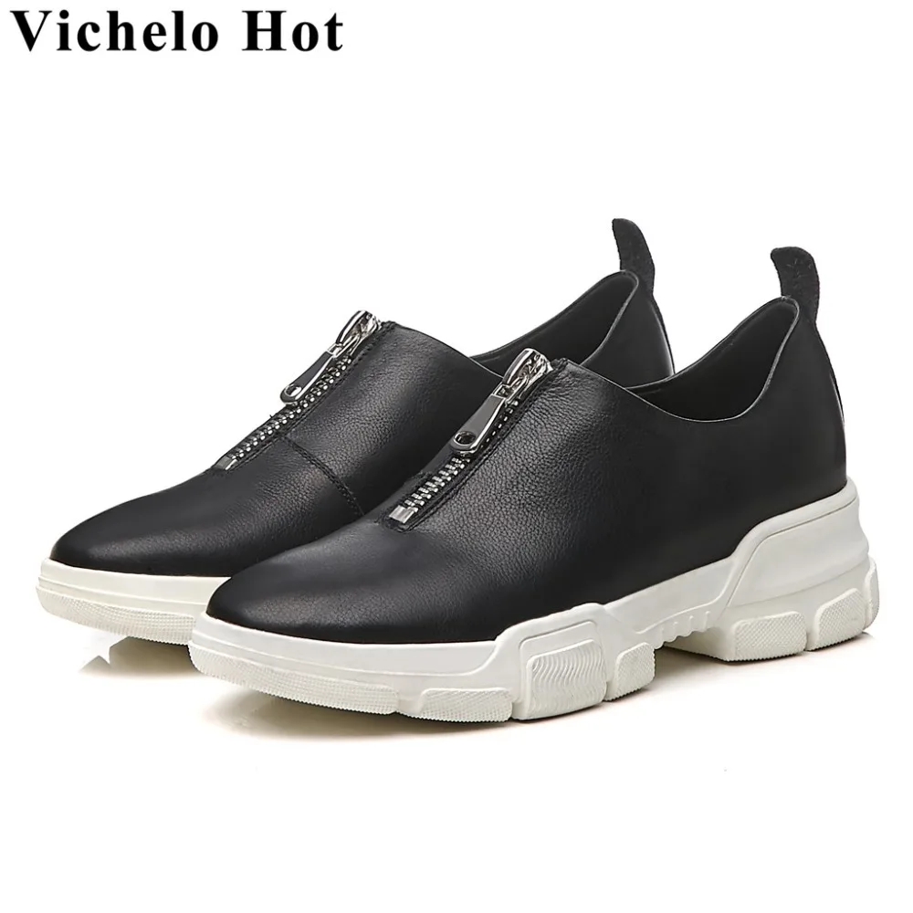 

Vichelo Hot European style metal zipper med bottom full grain leather round toe comfortable Spring brand vulcanized shoes L01
