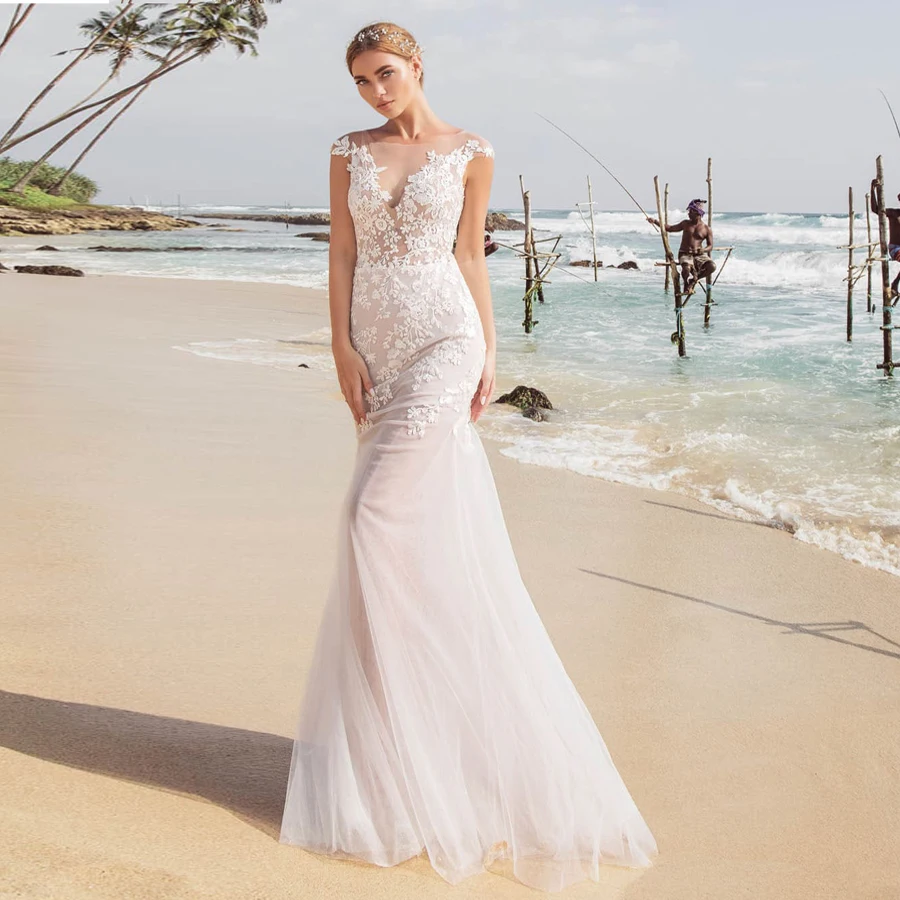 

Sexy Tulle Beach Sofuge Wedding Dresses Vestido De Novia Cap Sleeve Applique A-line Bridal Gowns with Detachable Skirt