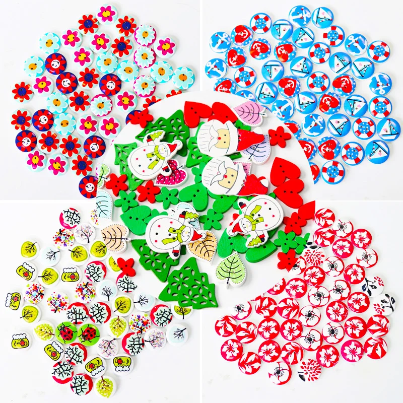 

50pc natural print wooden Christmas Buttons Snowflake Tree heart Leaves sock Sewing buttons Scrapbook DIY Craft Wooden Buttons