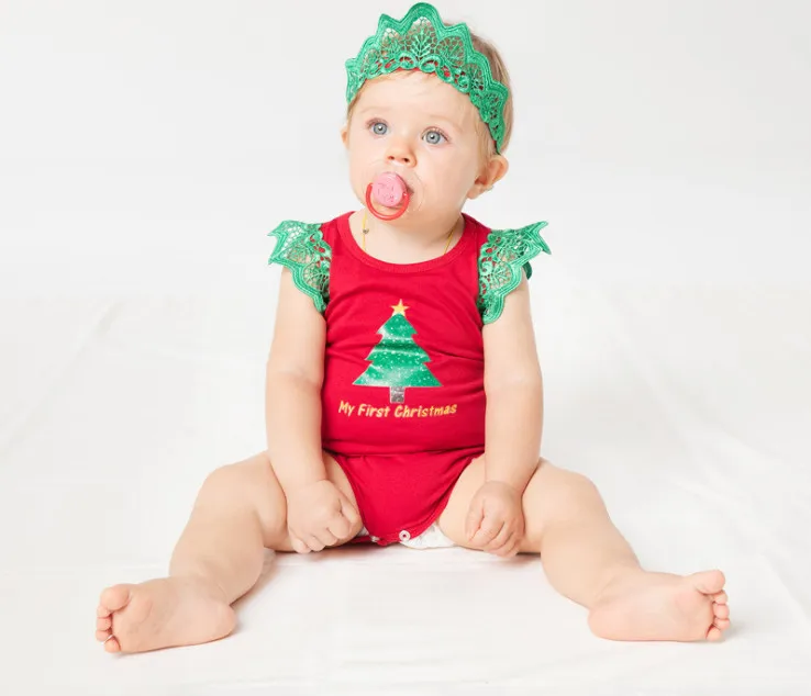 

Merry New Year Baby Clothing Fashion Christmas Tree Bodysuits and Lace Crown Headbands Clothes Sets Cute Girls Cotton Jumpsuits